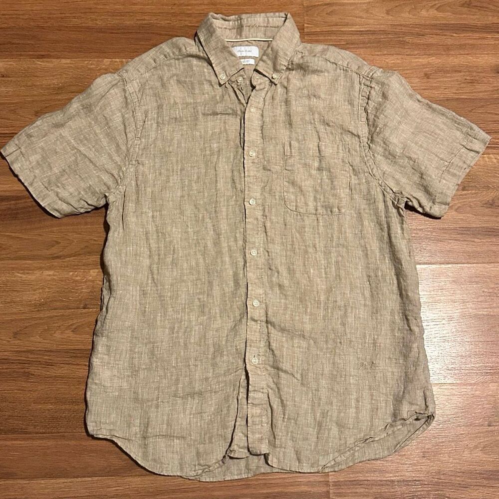 Porter & Ash Button Up Collared Linen Short-Sleeved Shirt Tan | Men Size XL
